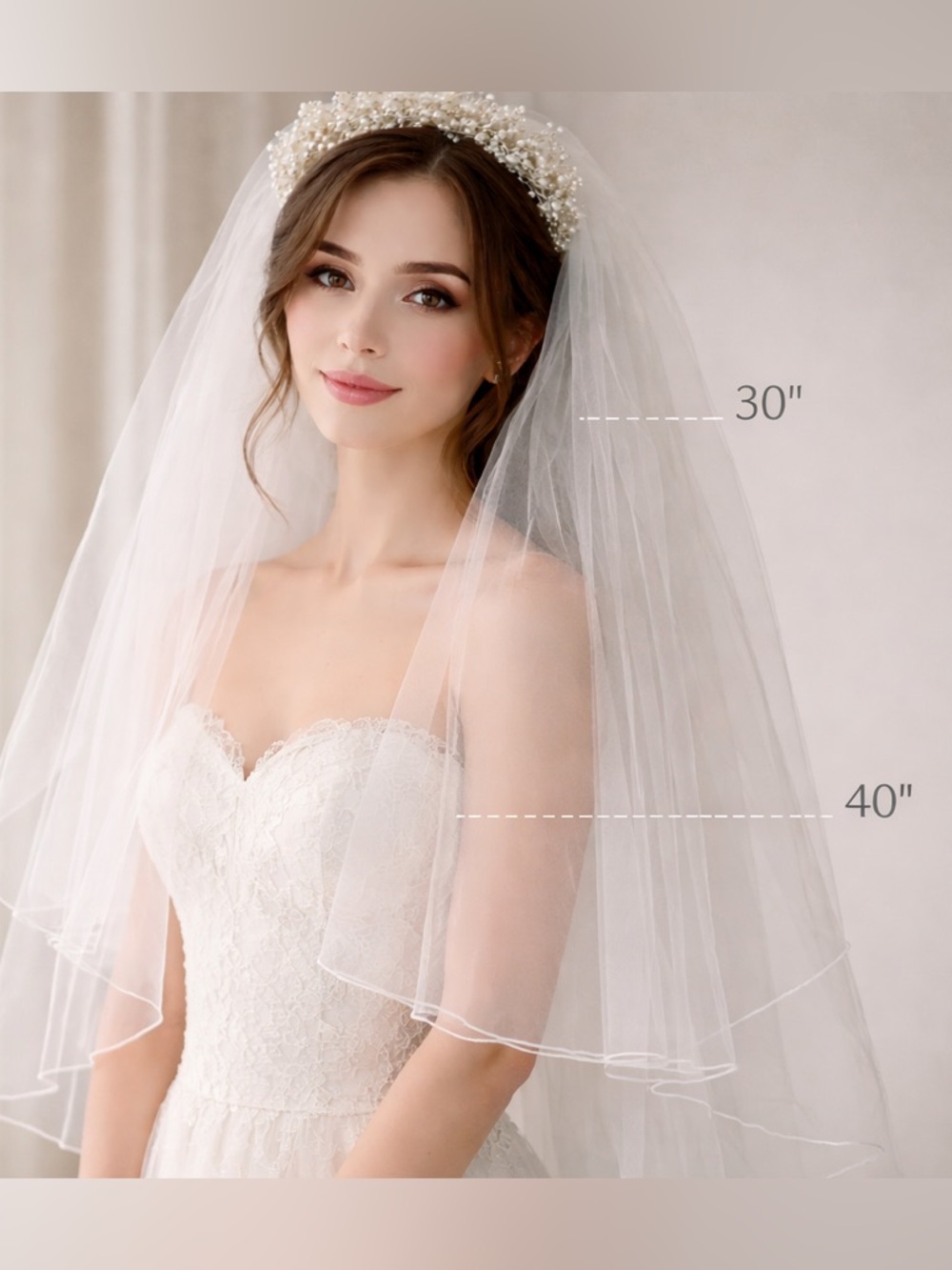 Bridal fingertip Veil w Pearl Headpiece White Tulle 2 Tier Wedding Veil Bride